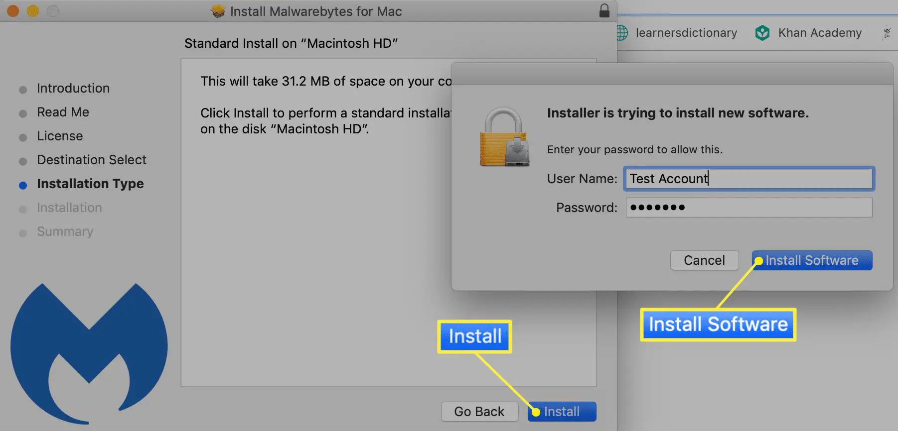Caixa de diálogo de instalação do Malwarebytes for Mac