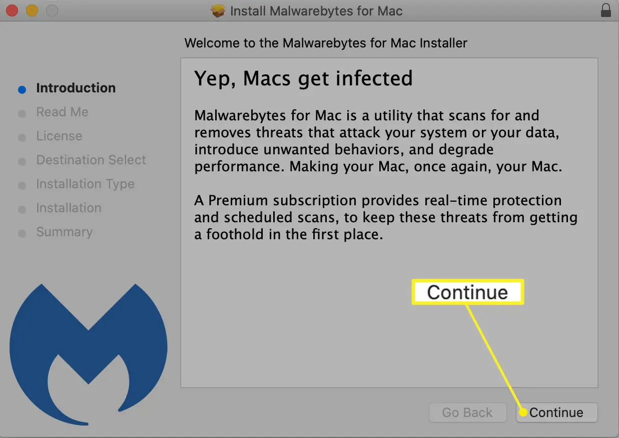 Caixa de diálogo de instalação do Malwarebytes for Mac