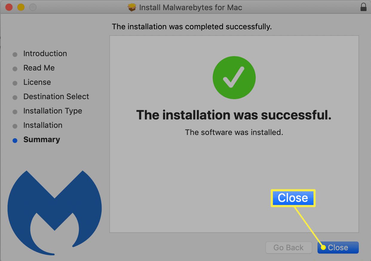 Instalação do Malwarebytes for Mac concluída