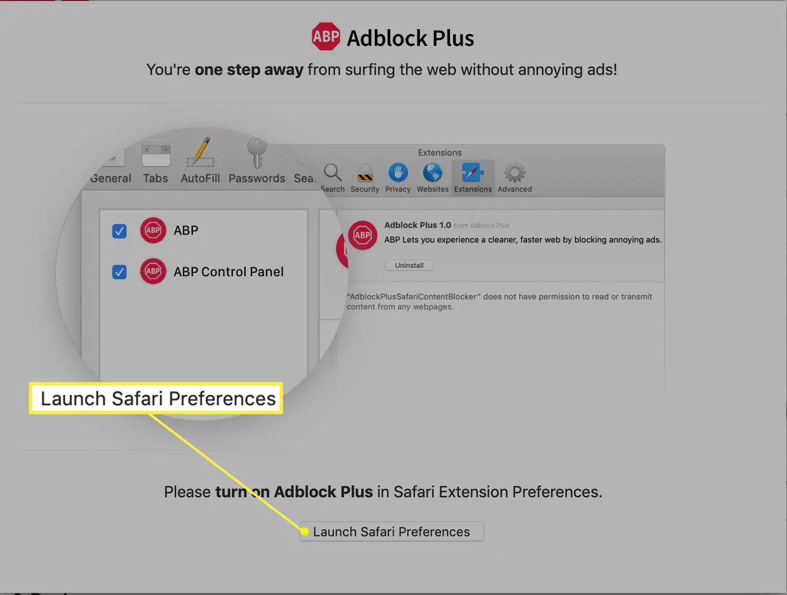 Extensão Adblock Plus com Preferências de inicialização do Safari destacadas