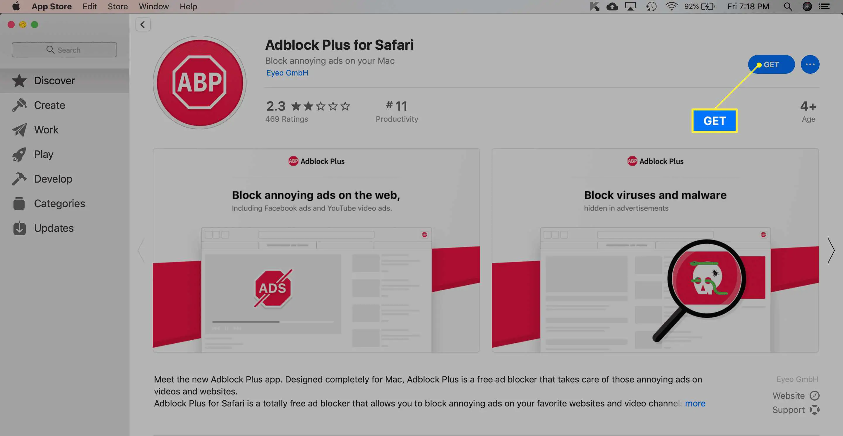 Extensão Adblock Plus na Mac App Store com Get em destaque