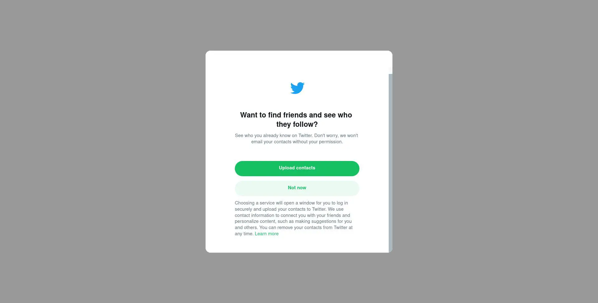 Twitter inscreva-se para importar contatos