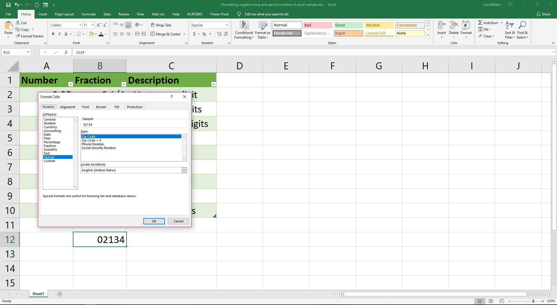 Opção de formato especial de células no Excel 2016