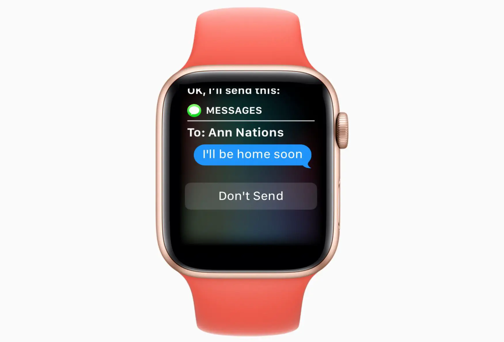 Um relógio Apple com Siri enviando uma mensagem de texto.