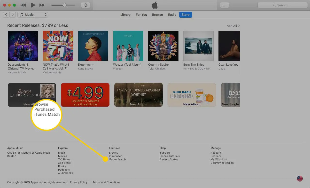 iTunes em um Mac com o item iTunes Match destacado