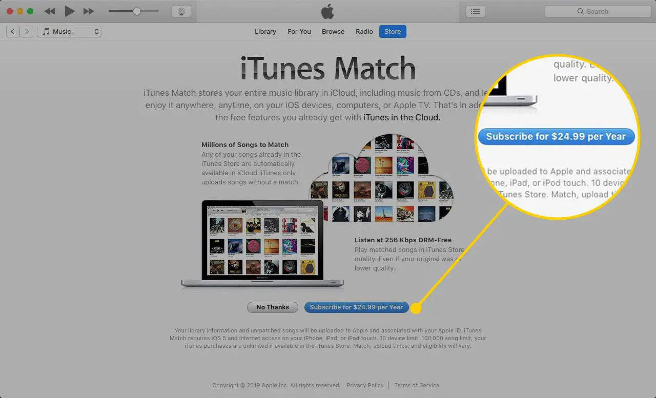 A tela do iTunes Match com o botão Inscrever-se destacado