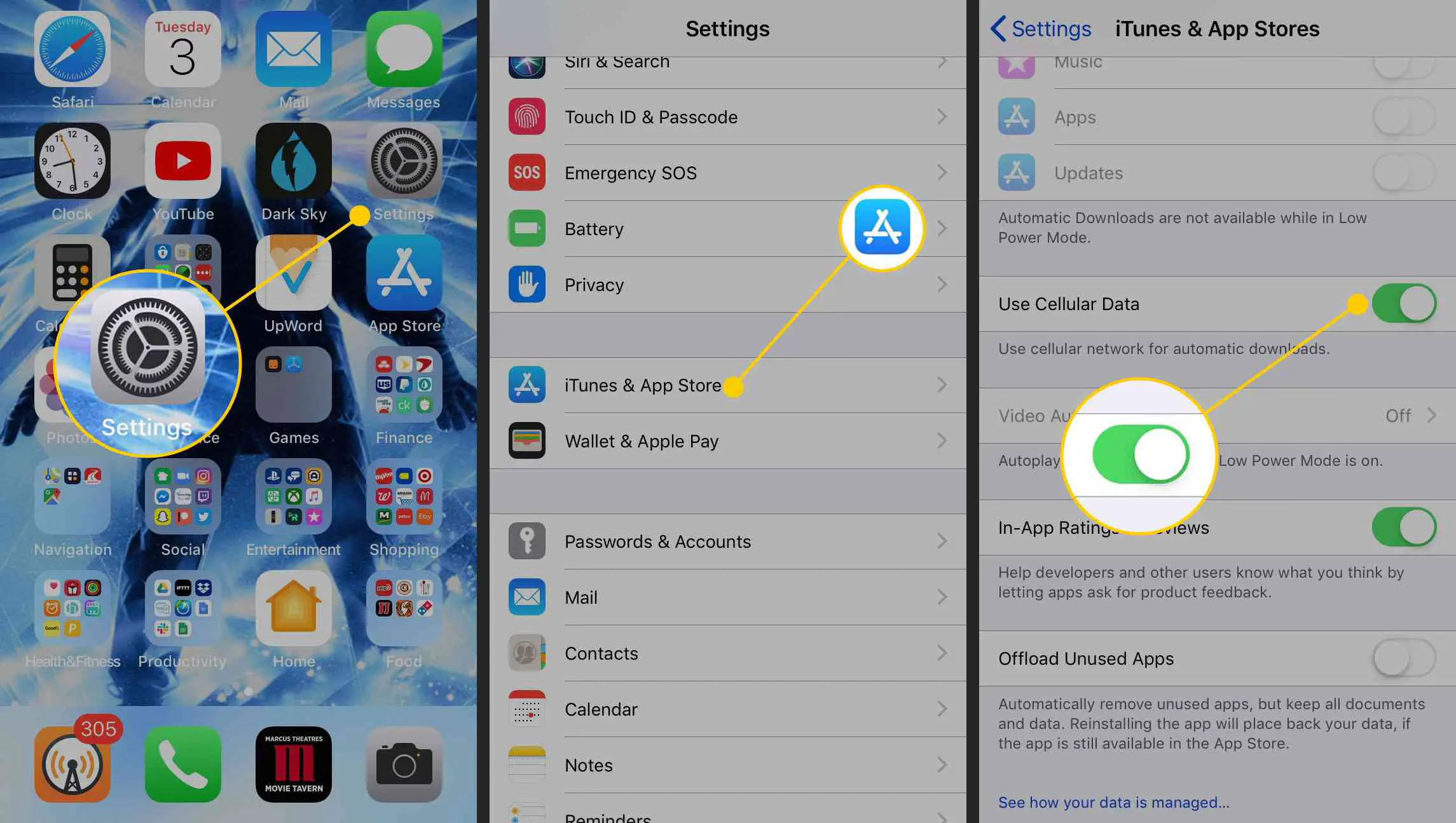Configurações, iTunes e App Store e configurações de Usar dados de celular em um iPhone