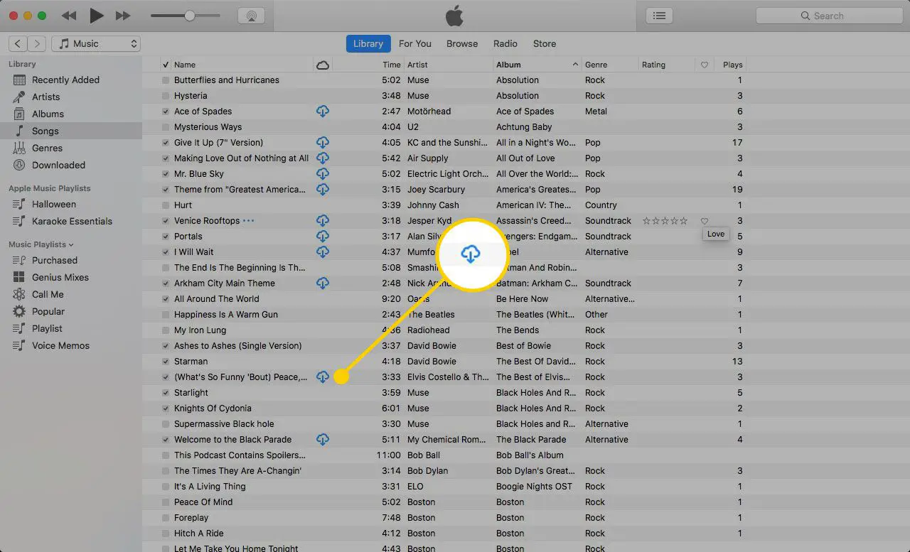Uma biblioteca do iTunes com o ícone da nuvem destacado