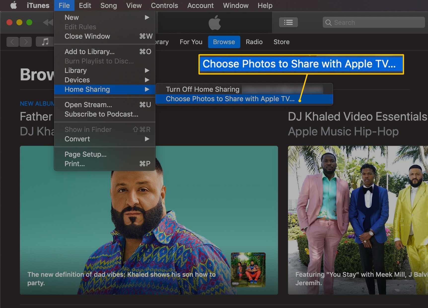 Escolha o item de menu Fotos para compartilhar com a Apple TV no iTunes