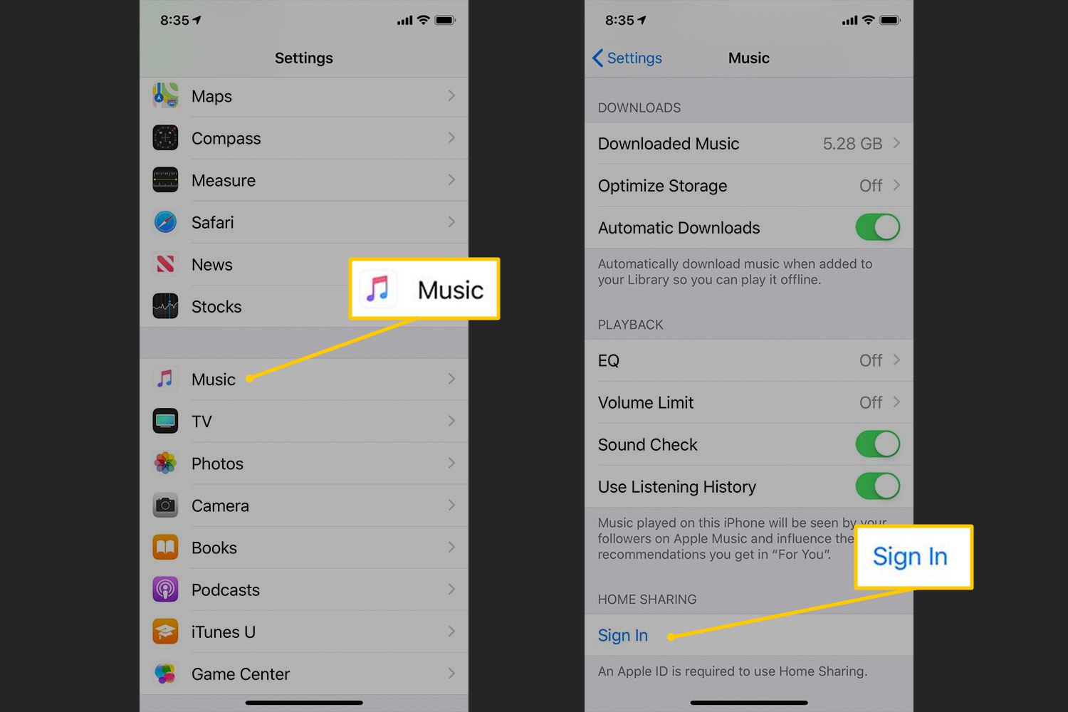 Música, botões de login nas configurações de compartilhamento doméstico no iOS