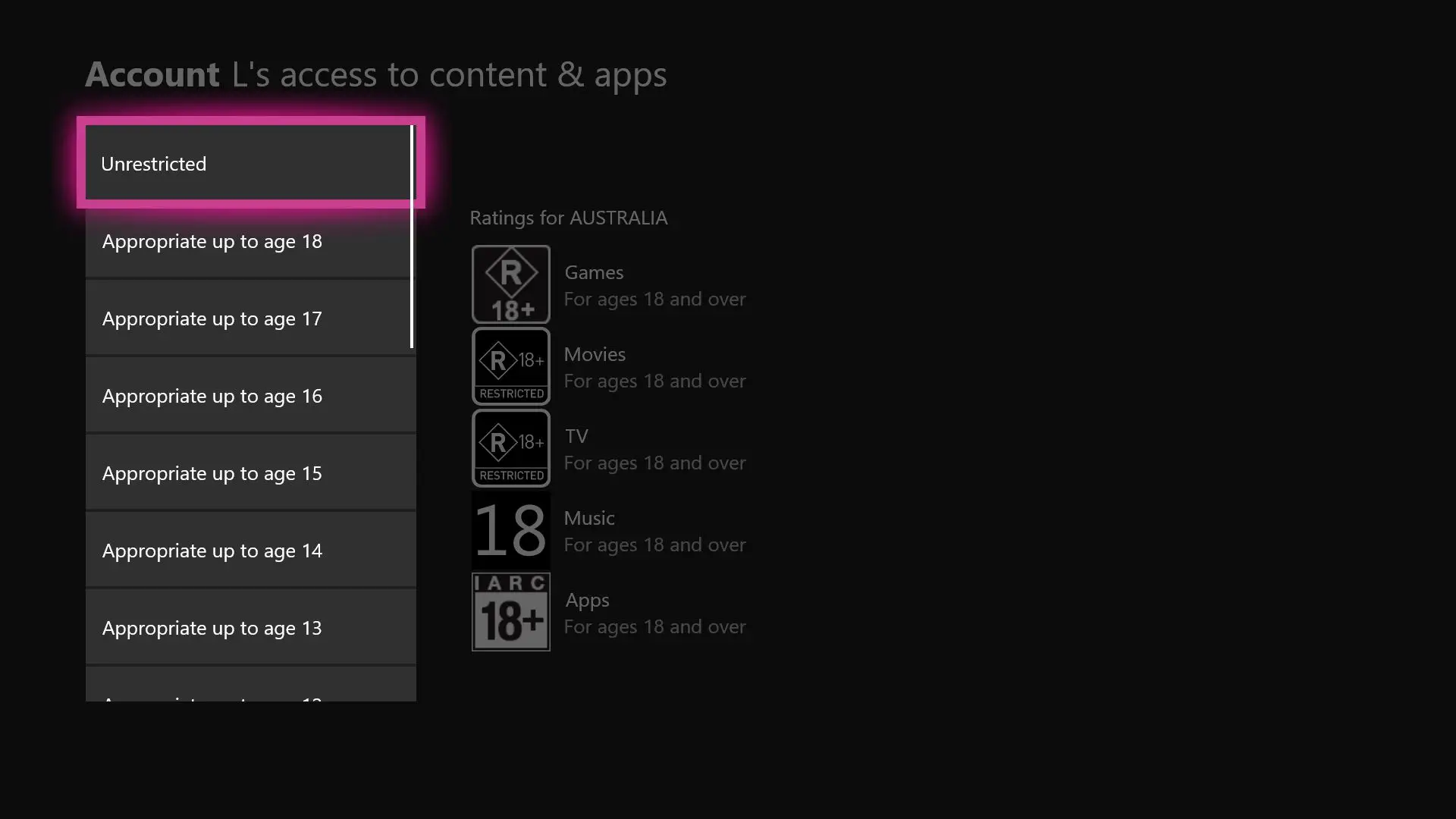 Configurações da família do Xbox One