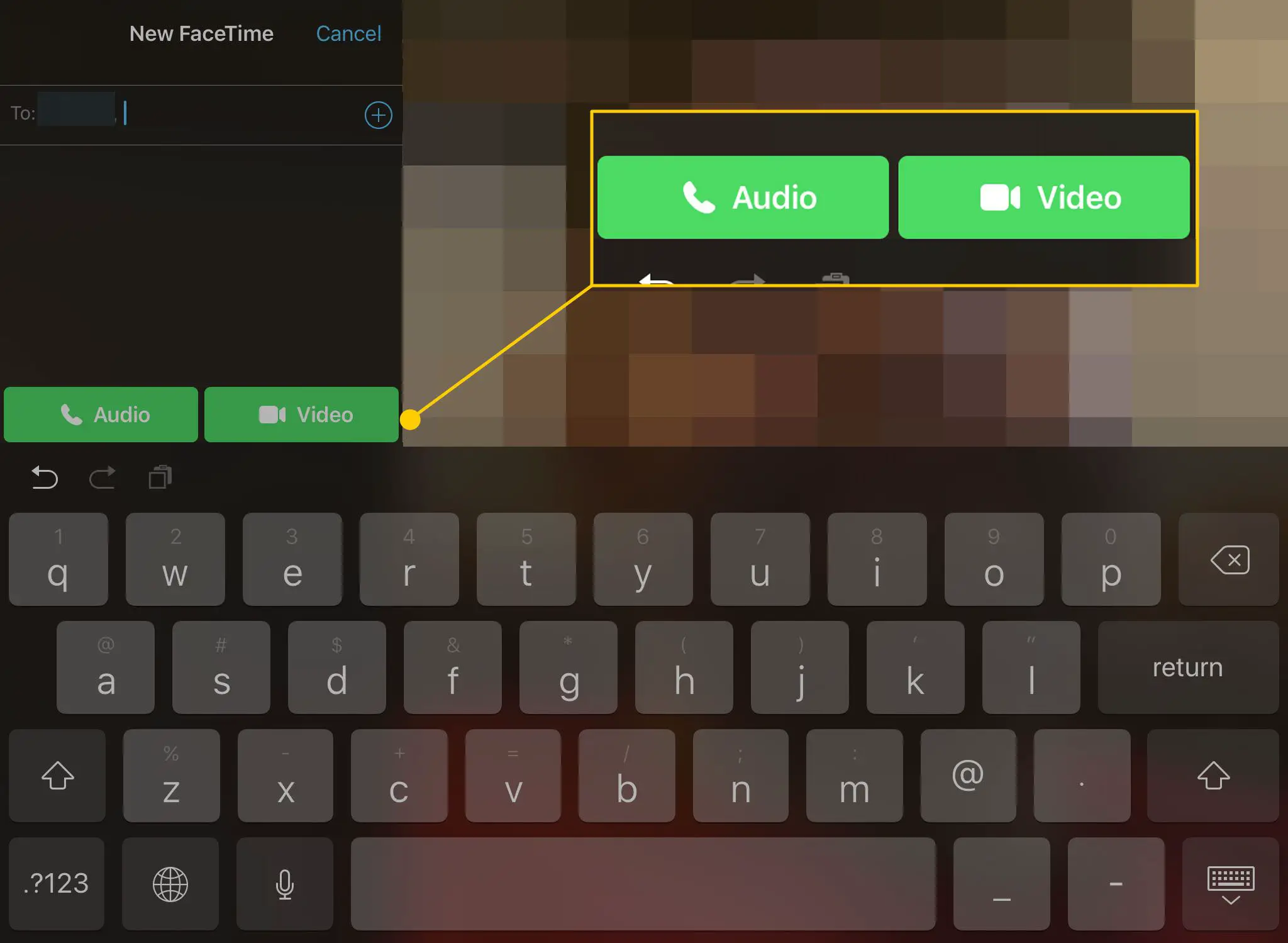 FaceTime em um iPad com os botões de chamada de áudio e vídeo destacados