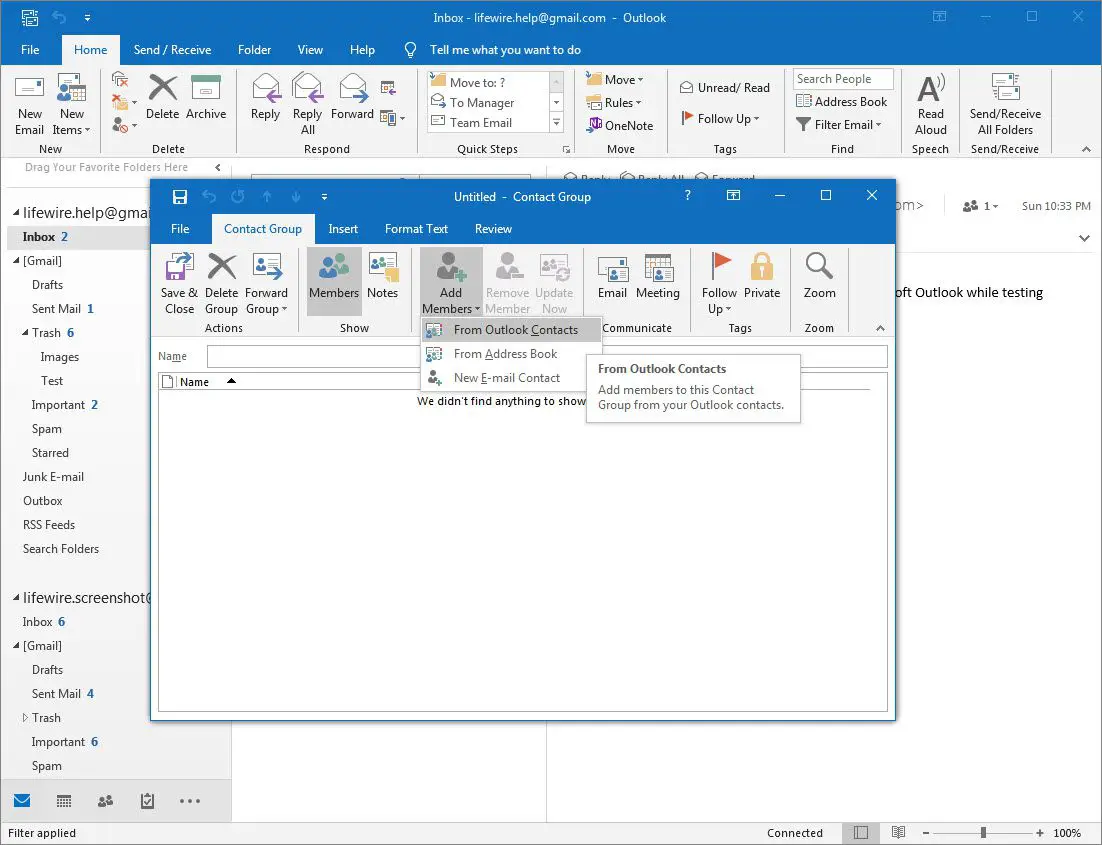 Botão e menu Adicionar membros do Outlook 2016