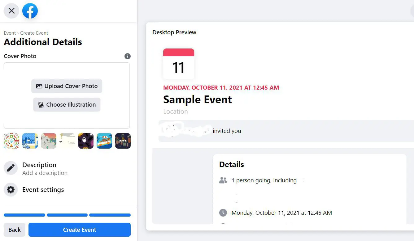 Opção de foto de capa na configuração de evento do Facebook