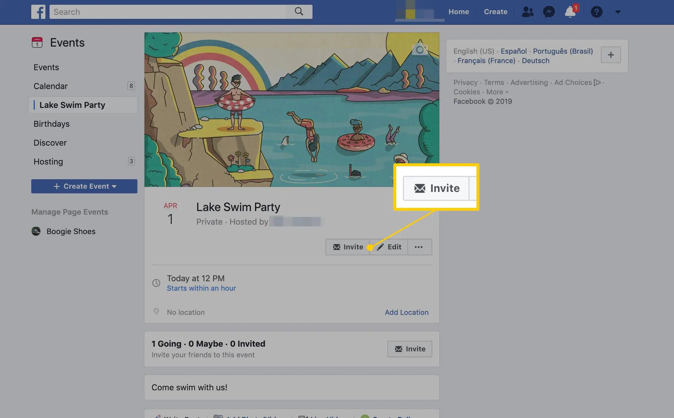 Botão de convite para um evento do Facebook