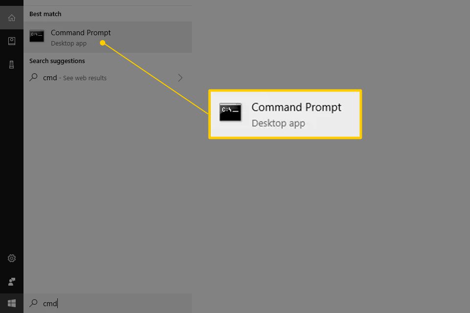 Ícone do prompt de comando no menu Iniciar após pesquisar no Windows 10