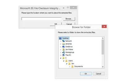 Captura de tela mostrando como extrair FCIV para a pasta Desktop no Windows 8