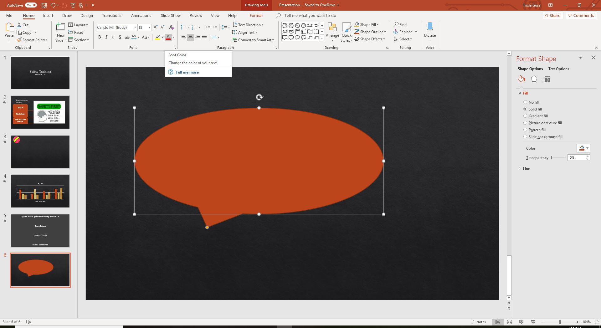 Uma captura de tela da cor da fonte atual no PowerPoint.