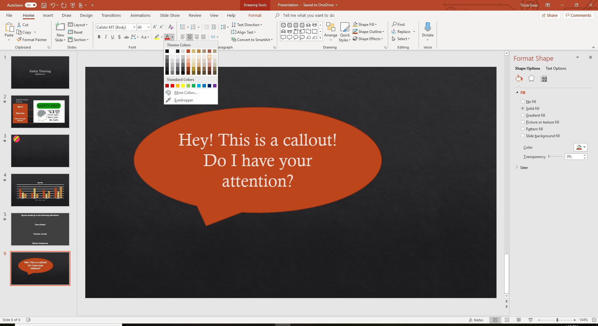 Uma captura de tela das cores da fonte no PowerPoint.