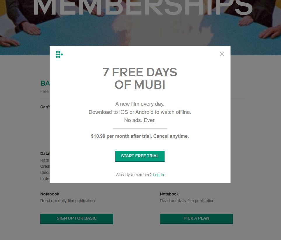 Captura de tela de Iniciar avaliação gratuita no Mubi