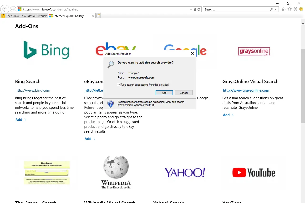 Adicionar pop-up do provedor de pesquisa no Internet Explorer