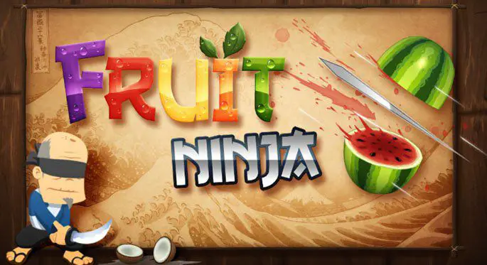 Logotipo do Fruit Ninja mostrando um homem vendado cortando um coco com uma espada
