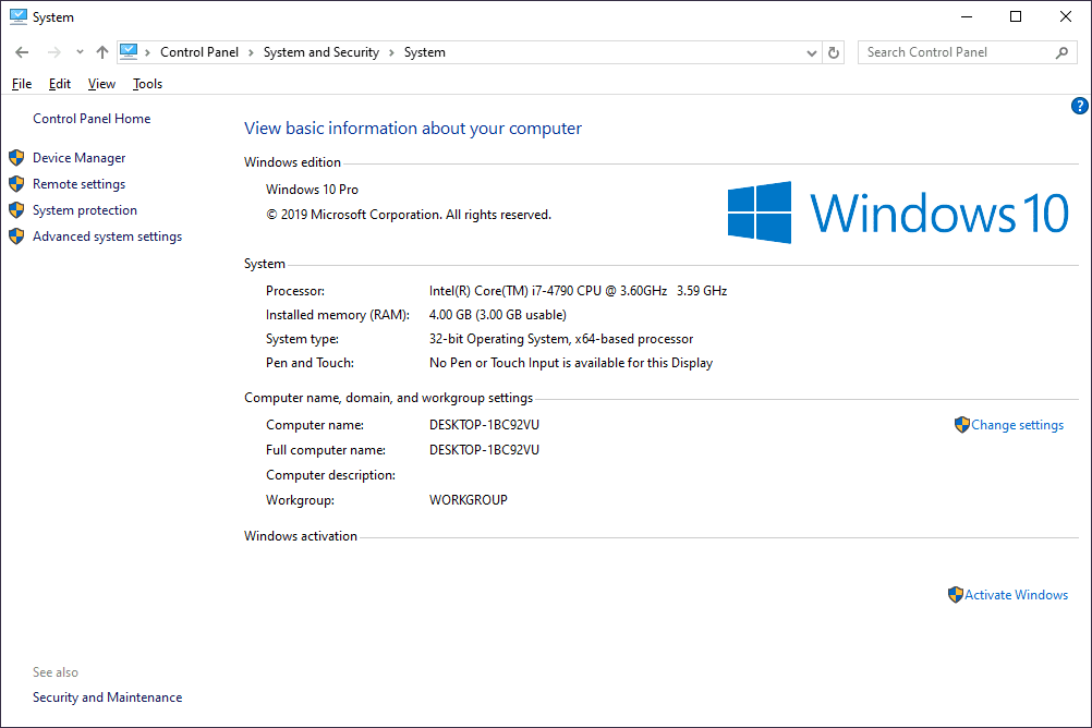 Janela do sistema Windows 10