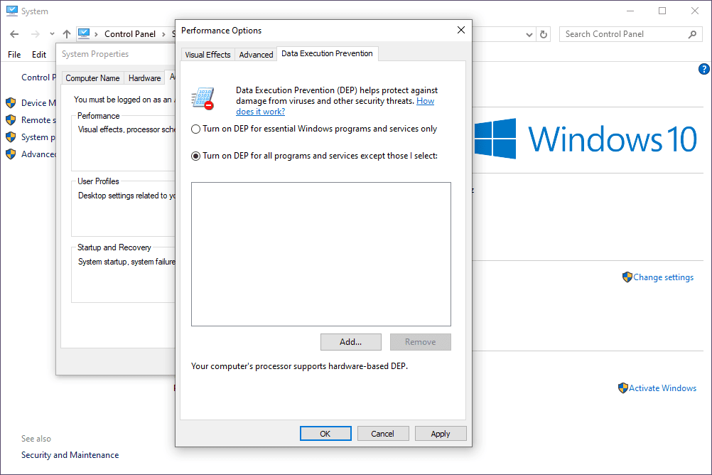 opções de desempenho no Windows 10