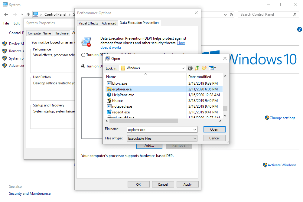 Abra a caixa de diálogo nas opções de desempenho do Windows 10