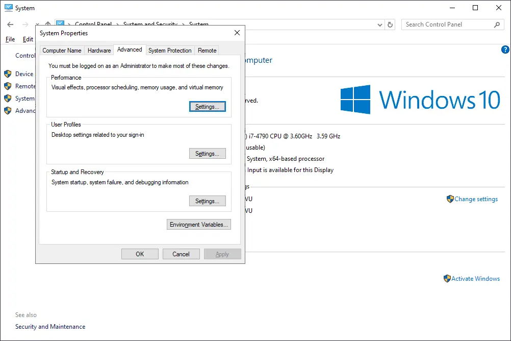 Janela de propriedades do sistema do Windows 10