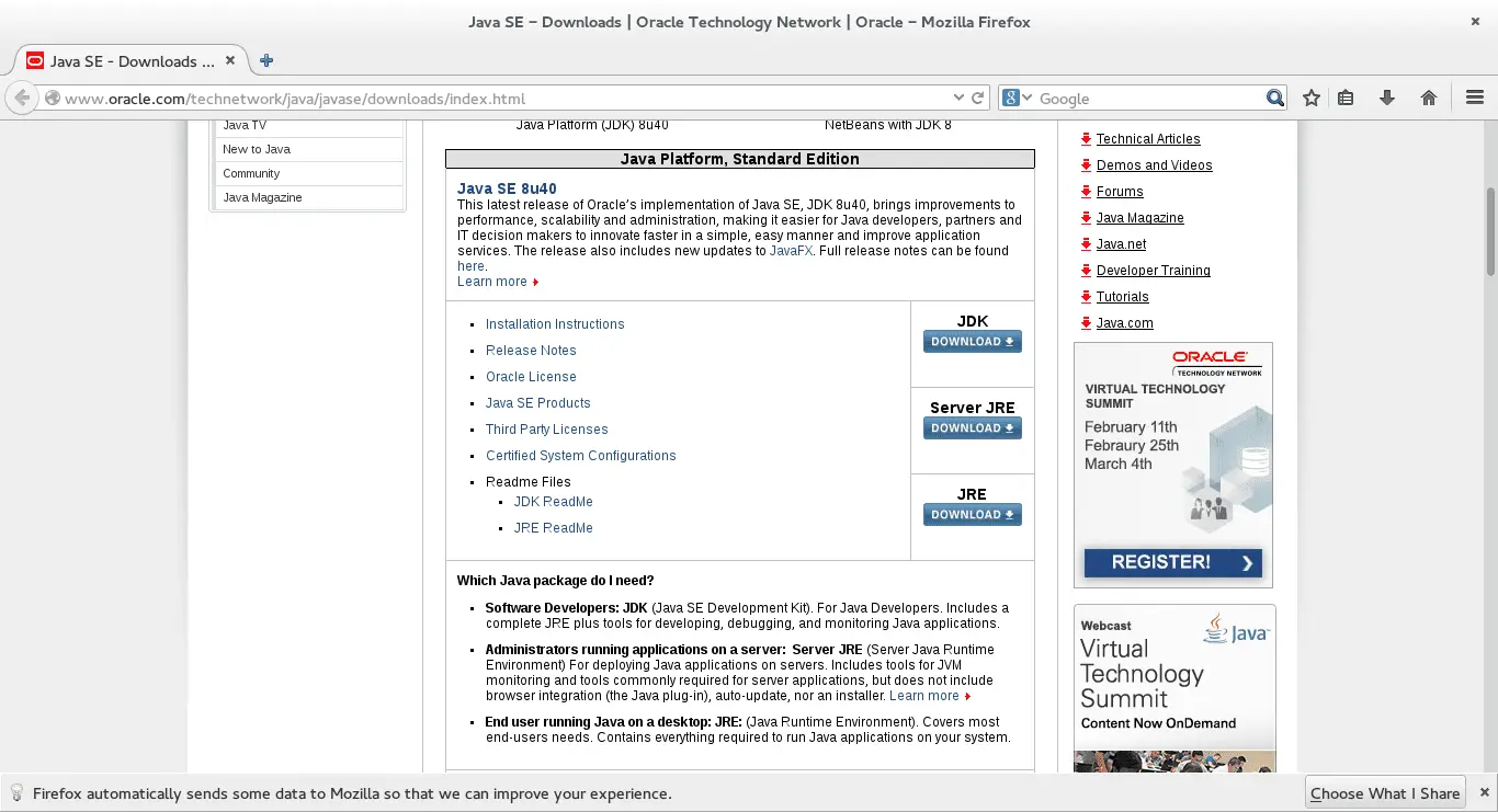 Captura de tela do Oracle Java Runtime no Fedora