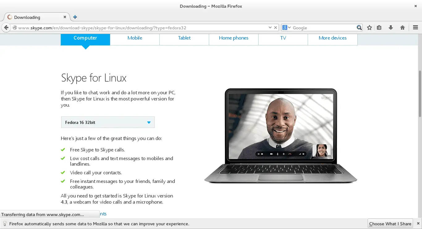 Captura de tela da instalação do Skype no Fedora