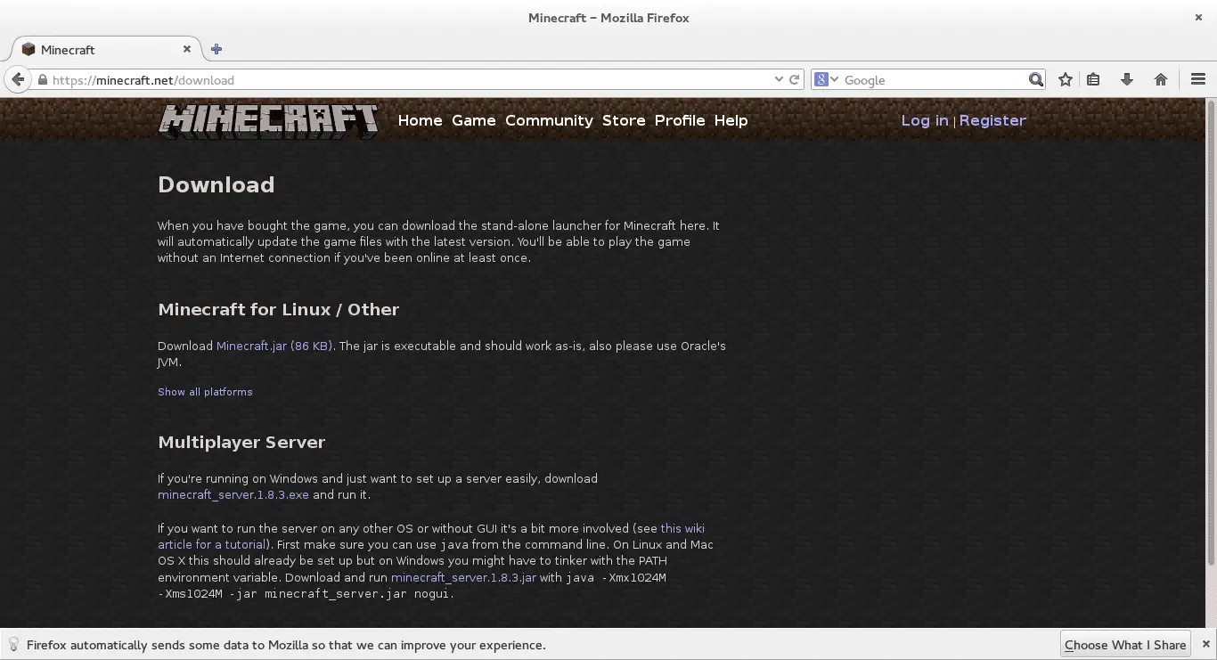 Captura de tela da instalação do Minecraft no Fedora