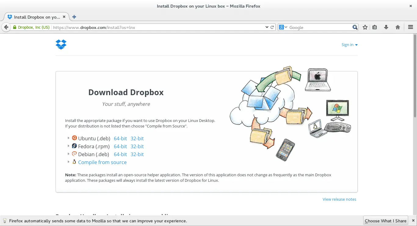 Captura de tela de instalação do Dropbox no Fedora