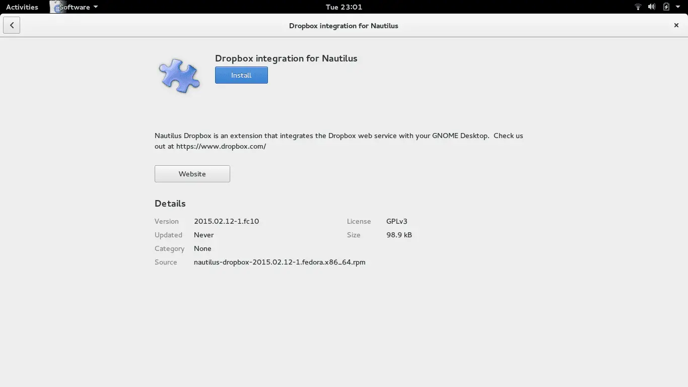 Captura de tela de instalação do Dropbox no Fedora