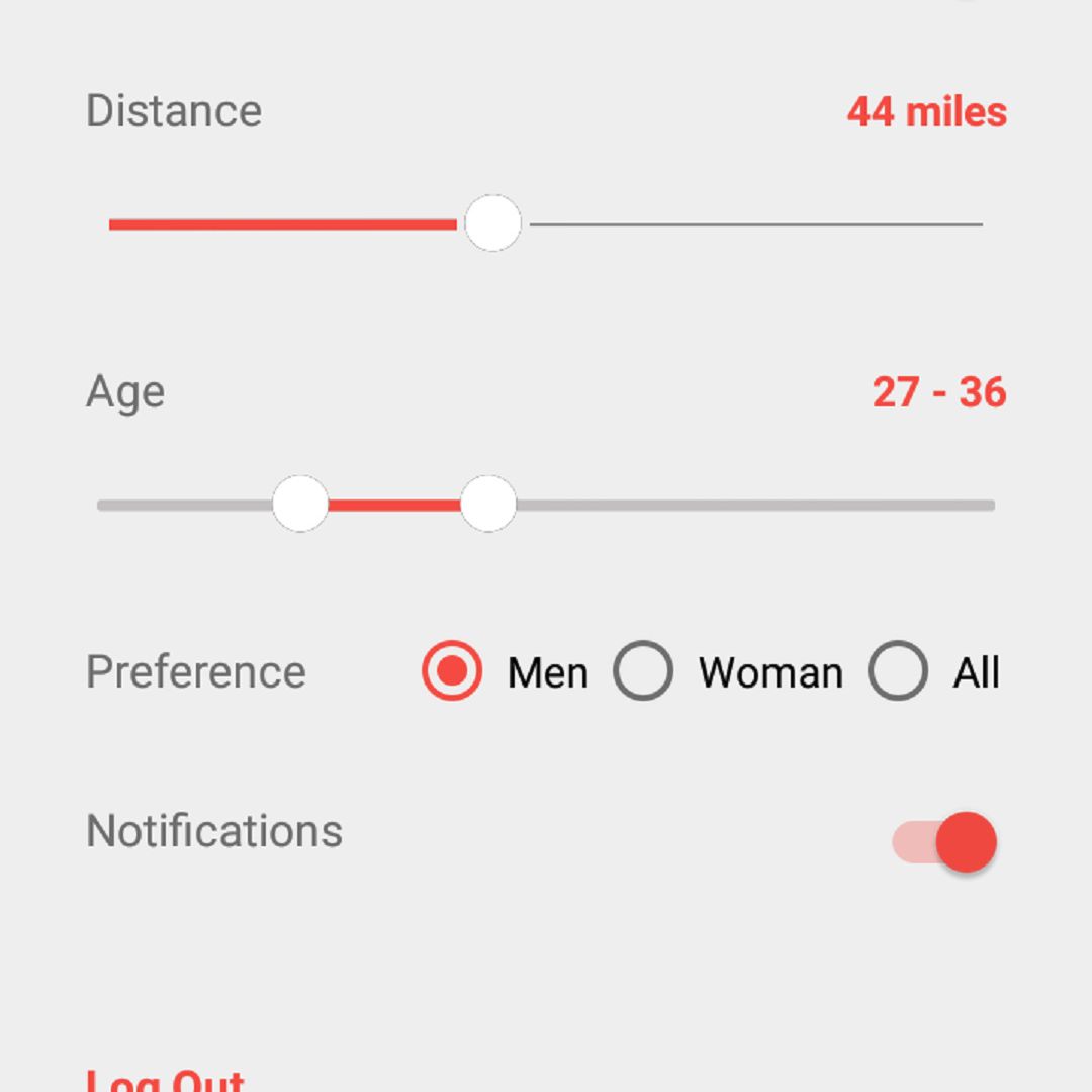 Uma captura de tela das configurações do aplicativo Vouch.  Os usuários podem alterar coisas como distância, idade e preferências de notificação.