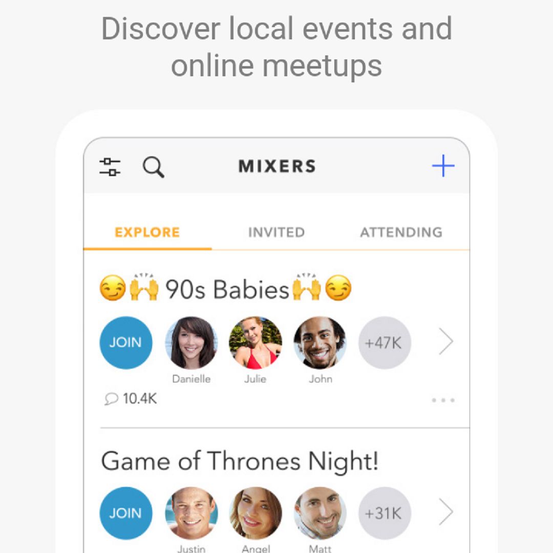 Uma captura de tela do site móvel da Clover.  Esta imagem mostra um dos recursos do Clover: as salas de chat do Live Mixers.  As salas de chat têm diferentes temas, como Game of Thrones night e 90s Babies.