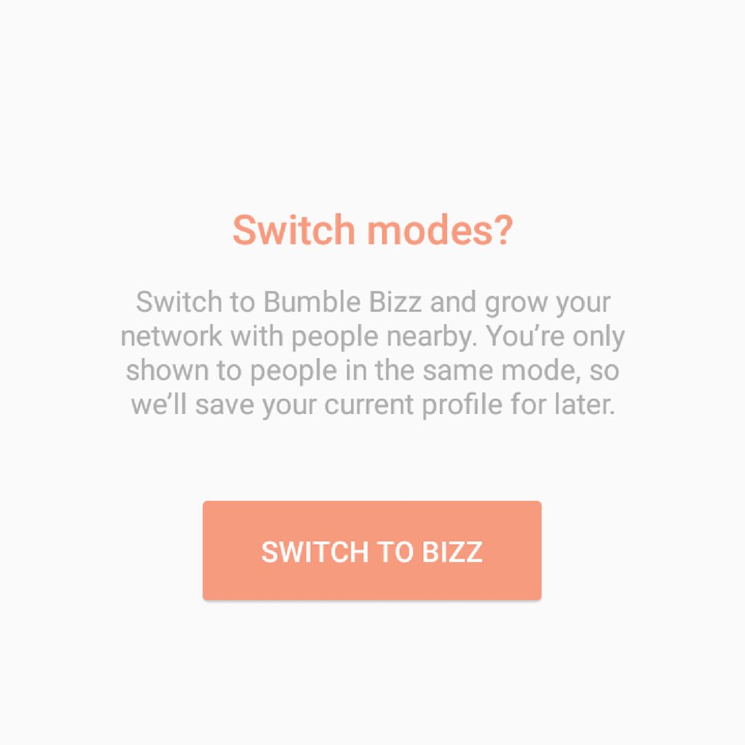 Uma captura de tela do aplicativo de namoro Bumble e do recurso Bumble Bizz que permite alternar do modo de namoro para o modo de rede de carreira.