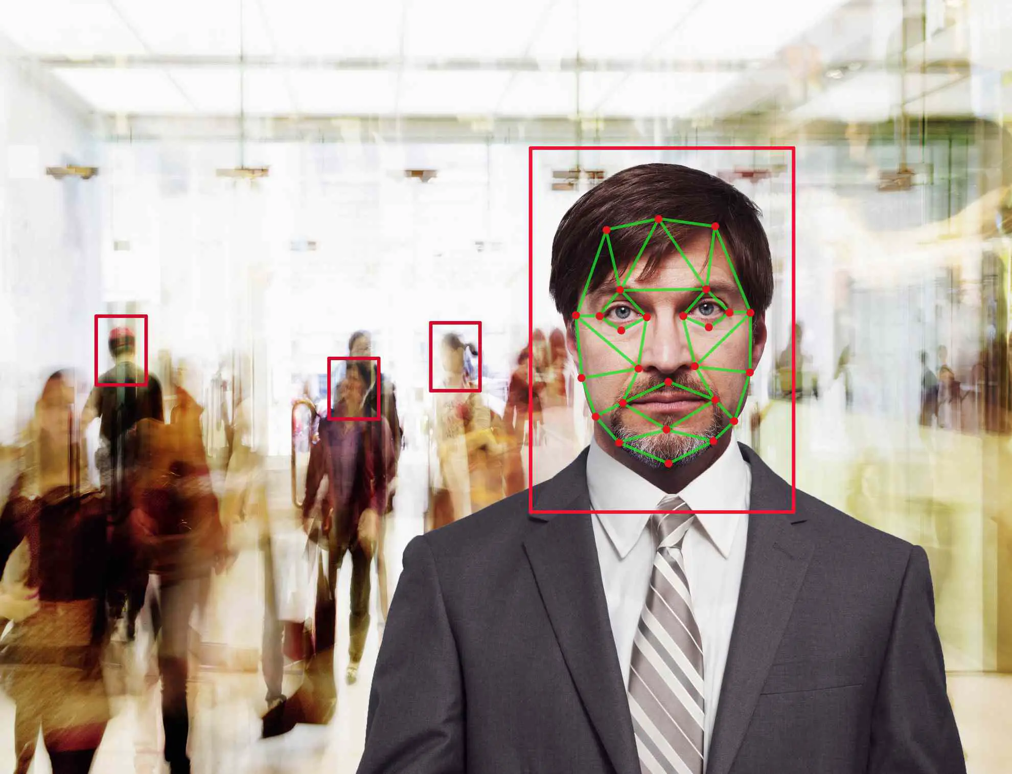 O reconhecimento facial escaneia uma pessoa de perto, mas também várias pessoas na multidão. 