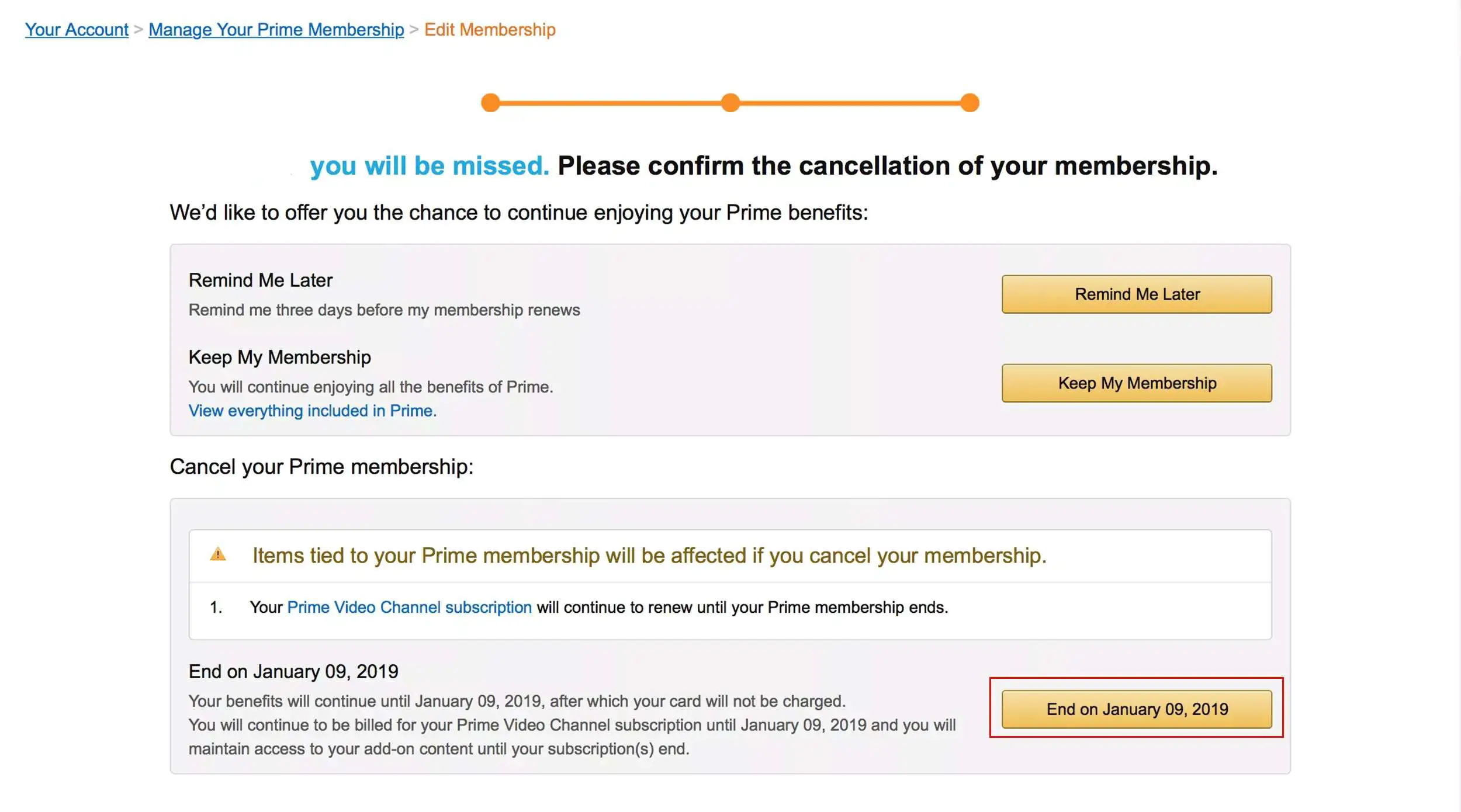 Página final para cancelar Amazon Prime