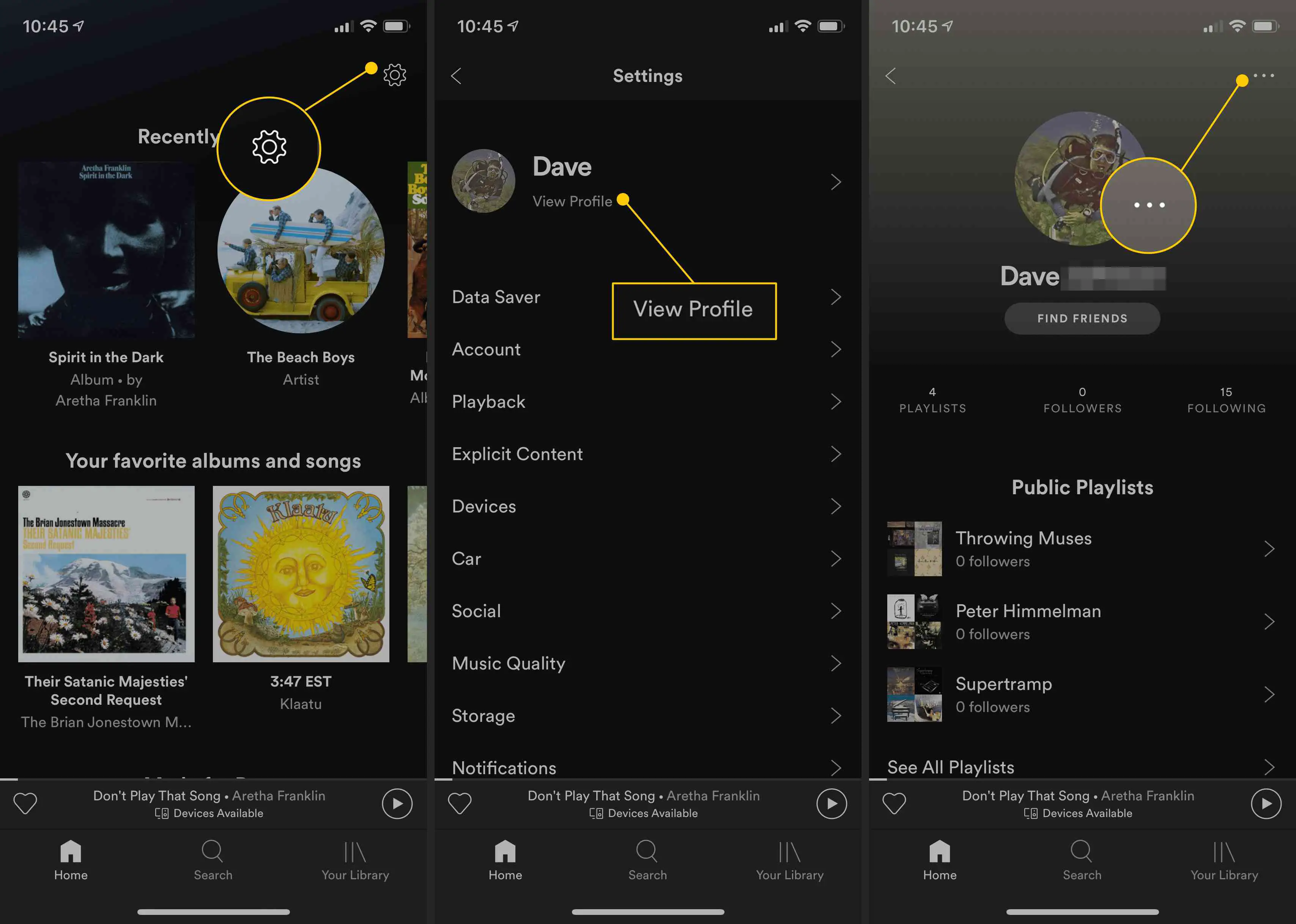 Ícone de engrenagem, botão Exibir perfil, menu de três pontos no aplicativo móvel Spotify