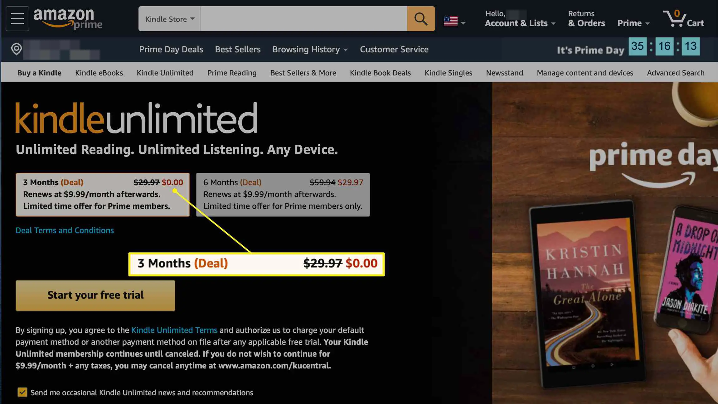 Botão de opção gratuita Kindle Unlimited na Amazon.com