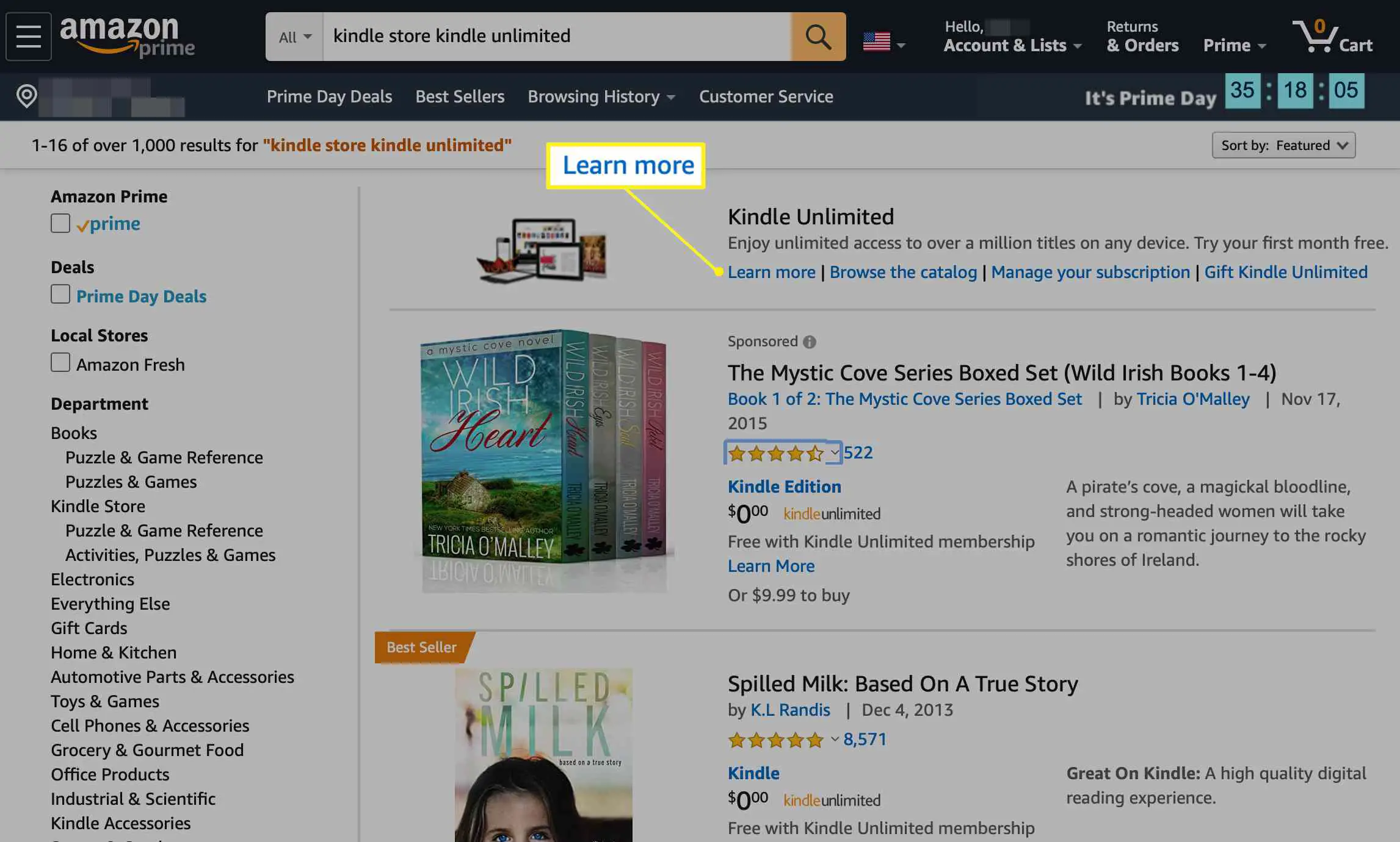 Amazon.com com Saiba mais selecionado na seção Kindle Unlimited