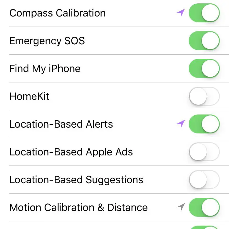tela de serviços do sistema no iPhone