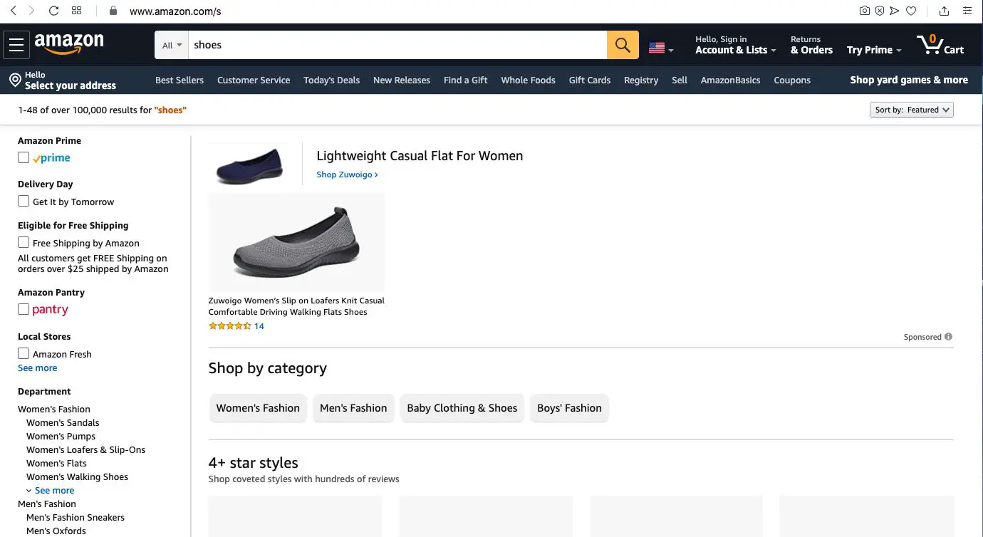 Você chegará a uma pesquisa de calçados da Amazon