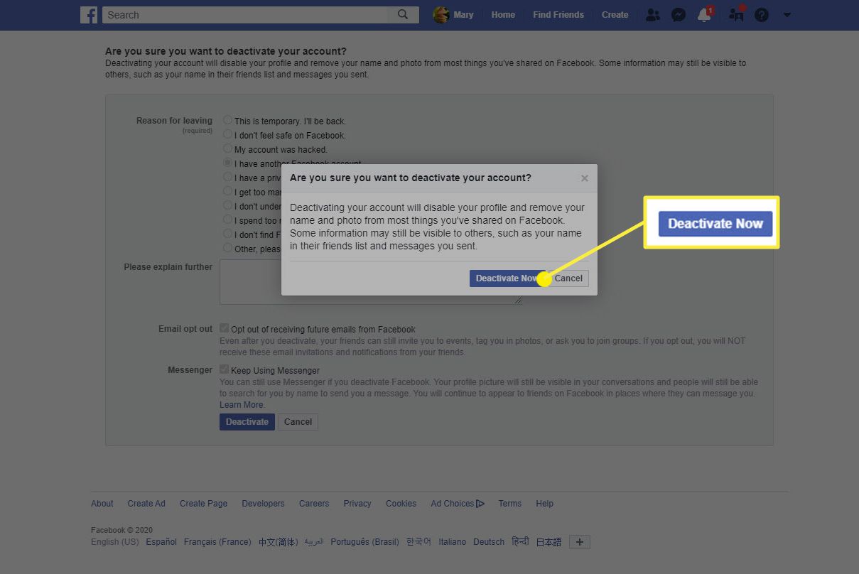 A etapa final para desativar uma conta do Facebook usando um navegador da web.