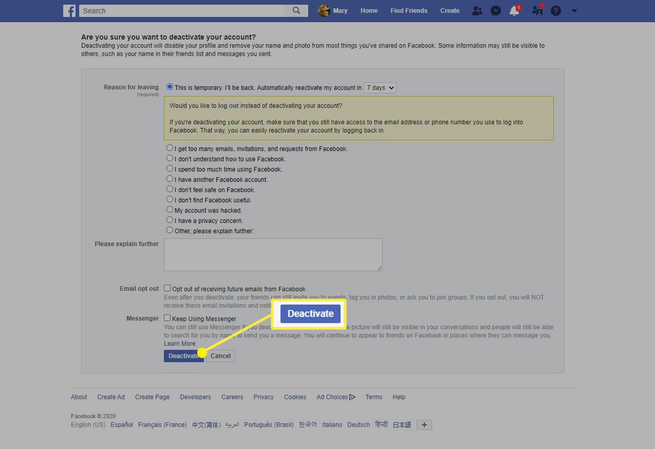 O formulário de desativação no Facebook em um navegador.