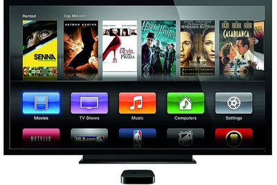 Apple TV na base de uma TV mostrando os aplicativos nativos da apple tv 2