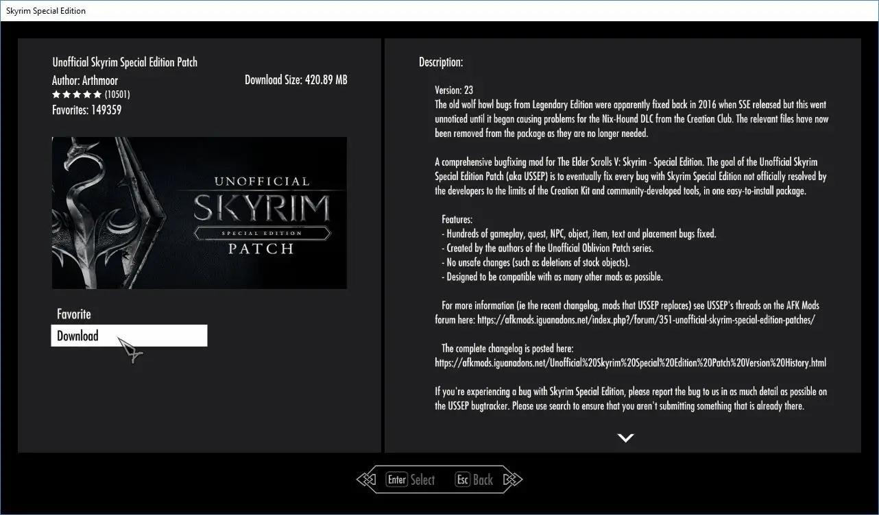 O botão Download para um mod Skyrim