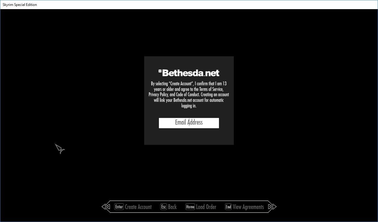 A tela de login do Bethesda.net em Skyrim